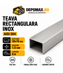 Teava rectangulara inox AISI 304, 30 x 15 x 1.5 mm, 6 metri